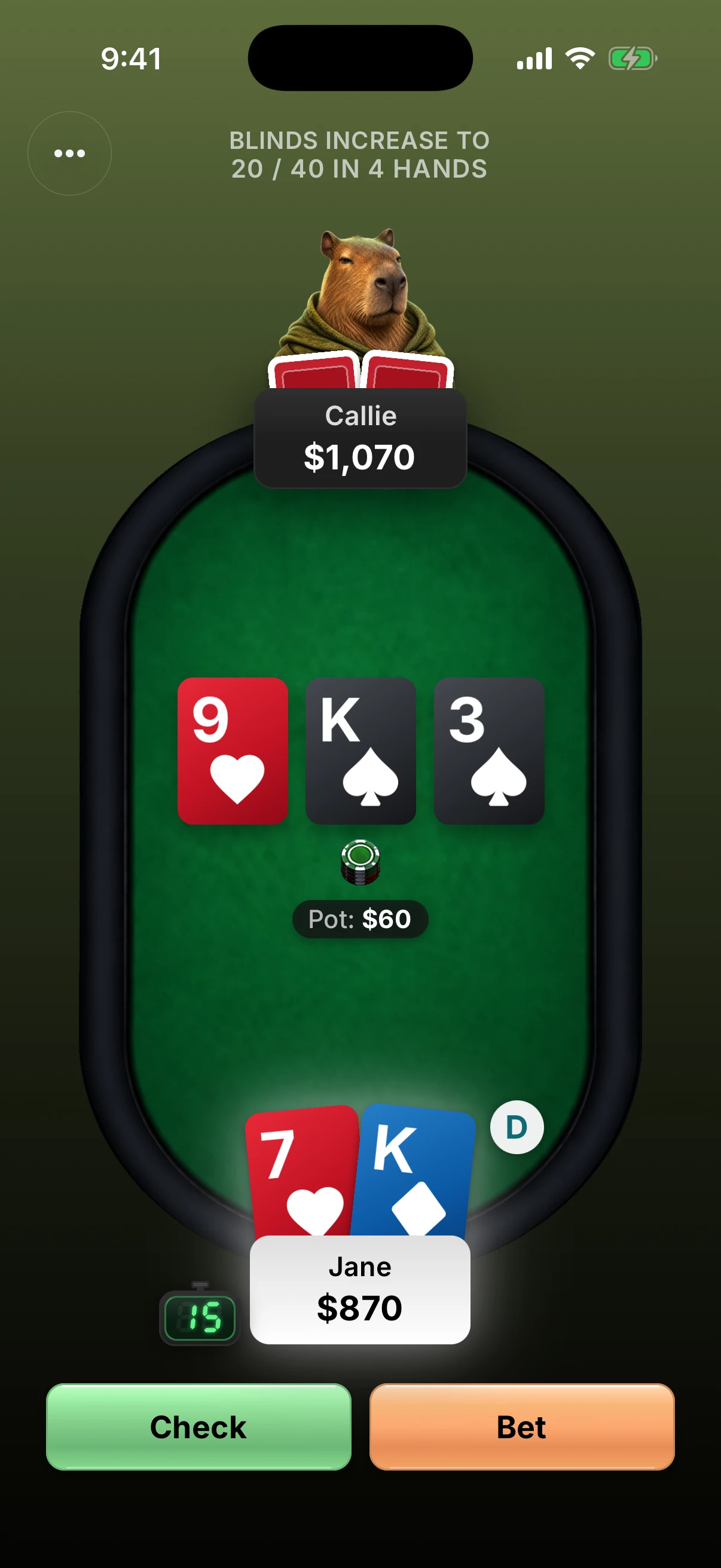Poker Legends on iPhone: Jane holds top pair against Callie the capybara on a king-high flop, with Check and Bet controls.
