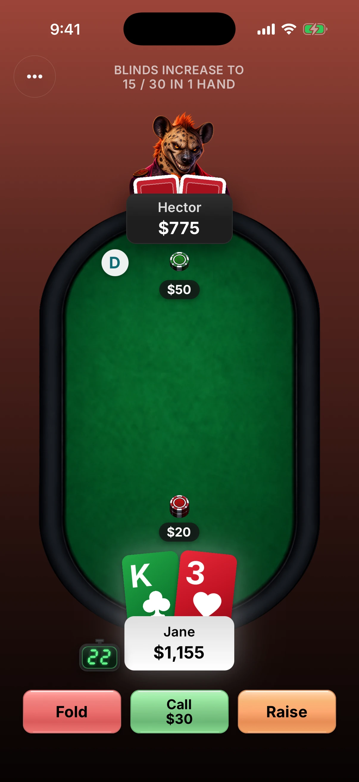 Poker Legends on iPhone: a heads-up practice hand against Hector the hyena, with Fold, Call, and Raise controls.