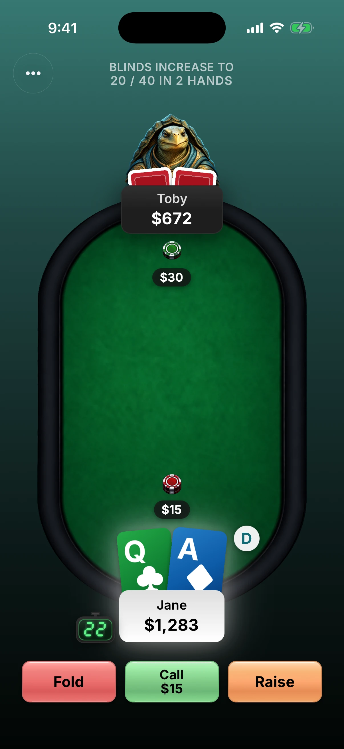 Poker Legends on iPhone: Jane holds ace-queen against Toby the turtle, with Fold, Call, and Raise controls.